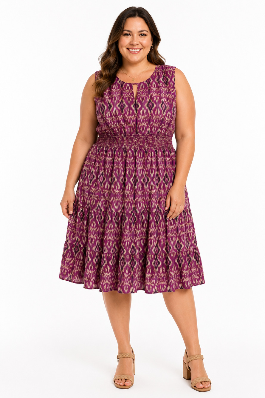 Lauren Ralph Lauren Sz XL Purple Ikat Smocked Waist Tiered Midi Dress Boho